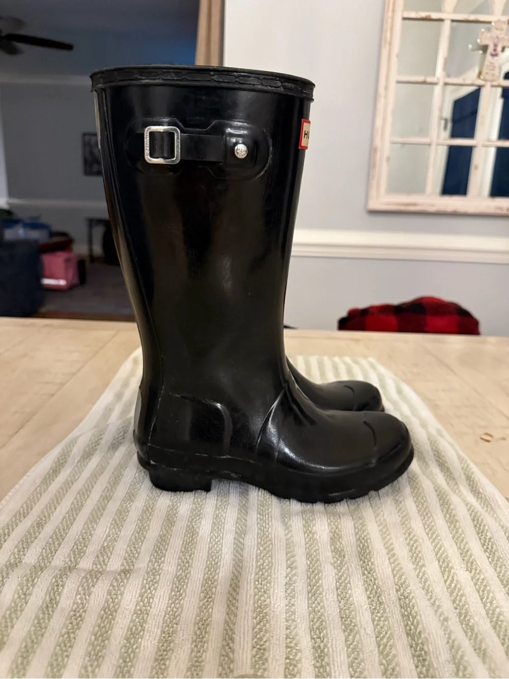Hunter Glossy Black Tall Rain Boots with Red-Trim Logo